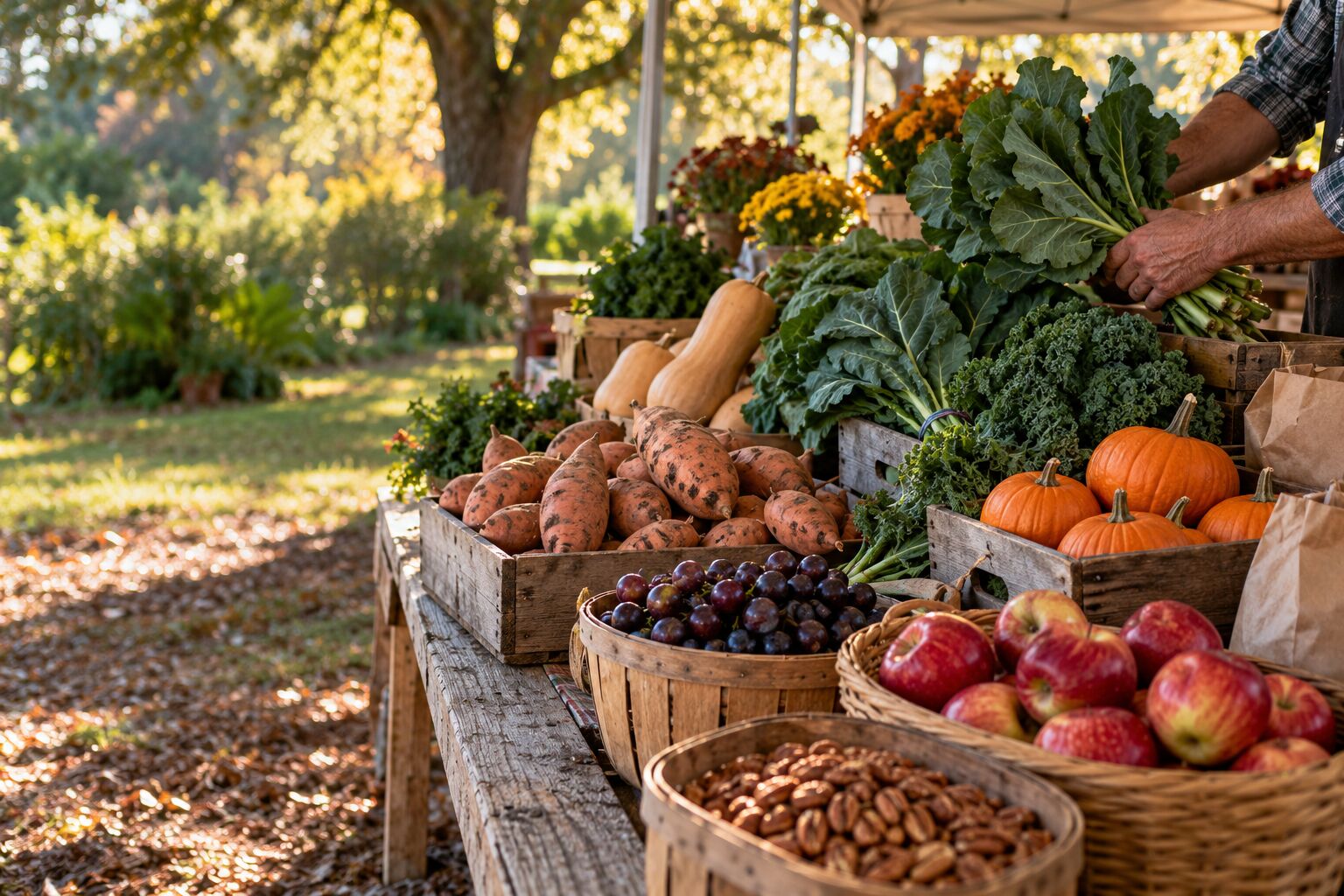 Local produce in baskets and crates at a market table